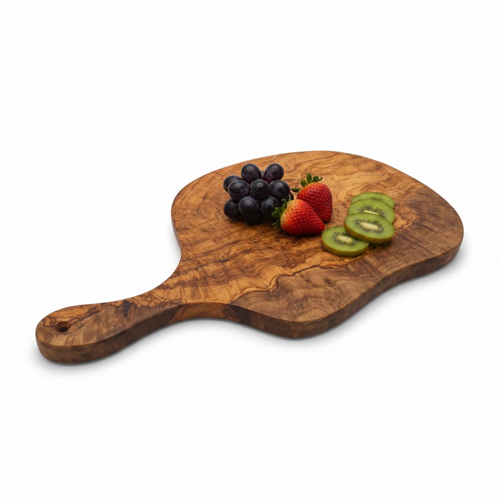 Handmade Olive Wood Round Freeform Charcuterie Board with Handle | Large Live Edge Cheese &amp; Antipasti Serving Board | Bold Natural Grain | 33–46 cm