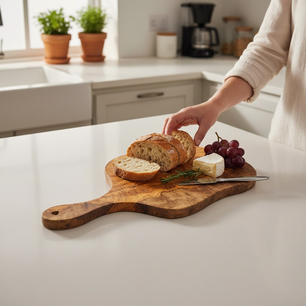 Olive Wood Medium Cutting Board with Handle 39 Handmade Olive Wood Round Freeform Charcuterie Board with Handle | Large Live Edge Cheese & Antipasti Serving Board | Bold Natural Grain | 33–46 cm