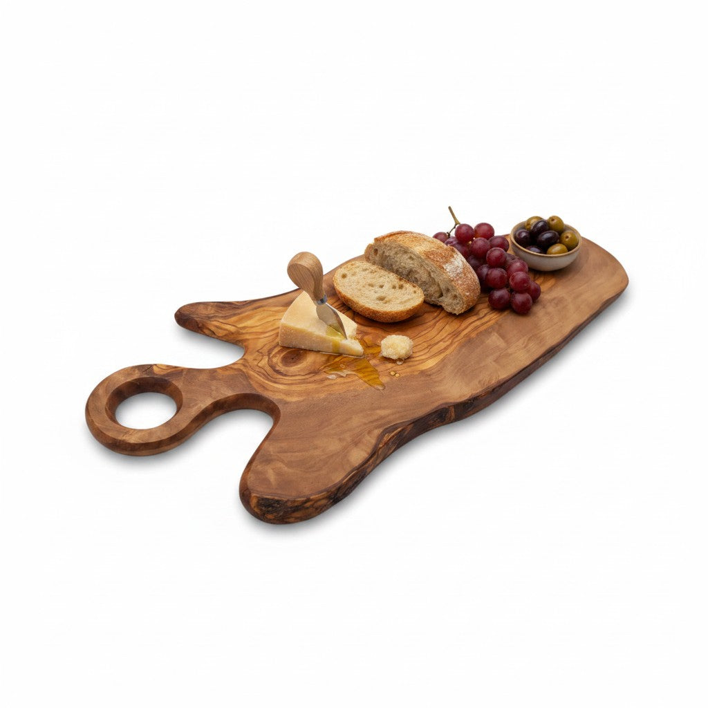 Handmade Olive Wood Freeform Serving Board with Round Loop Handle | Live Edge Cheese Charcuterie &amp; Antipasti Board | Unique Grain | 35–50 cm