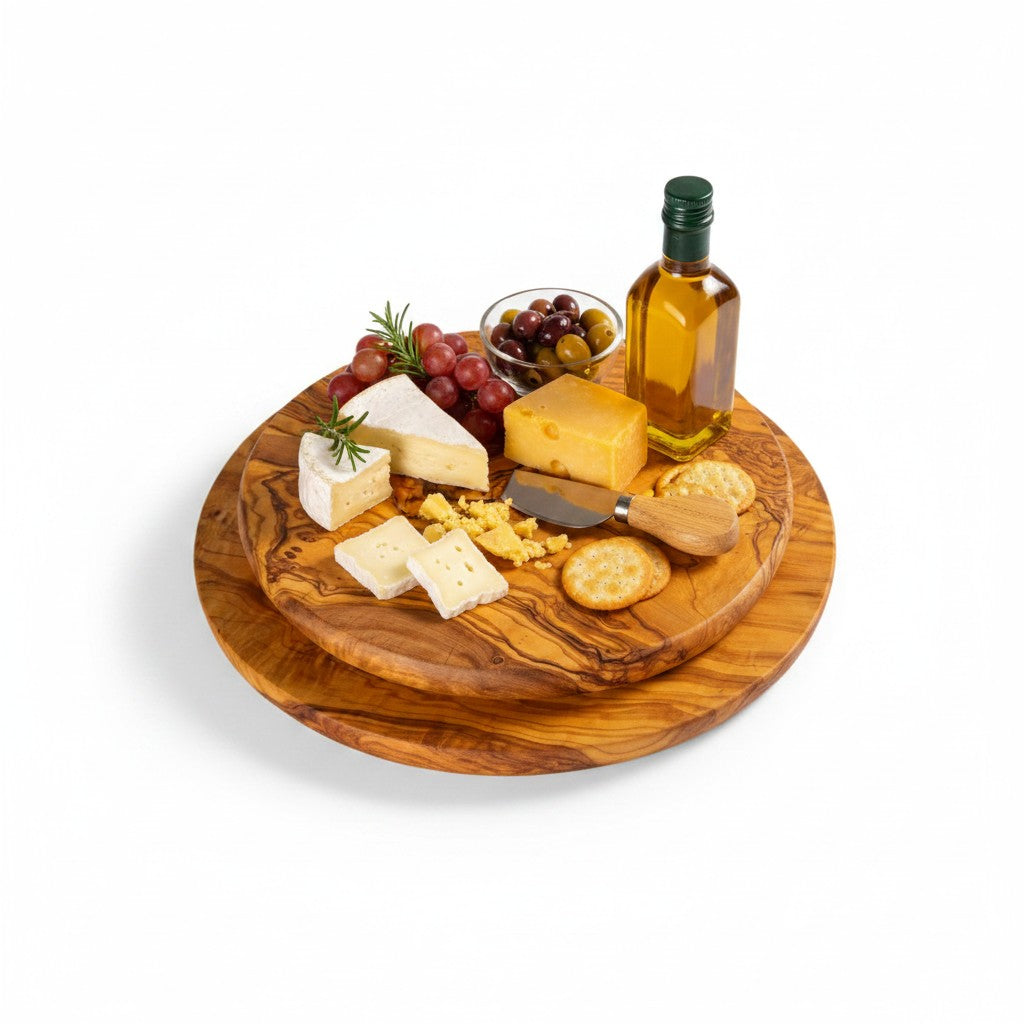 Handmade Round Olive Wood Cutting Board | Thick Circle Cheese &amp; Serving Board | Stunning Natural Grain | 15–40 cm