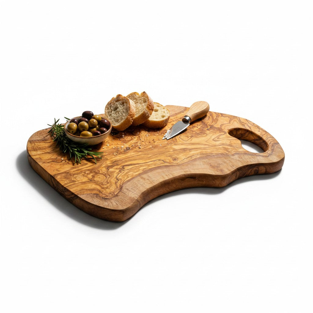 Handmade Olive Wood Freeform Cutting Board with Handle | Live Edge Charcuterie &amp; Serving Board | Unique Natural Grain | 40–80 cm