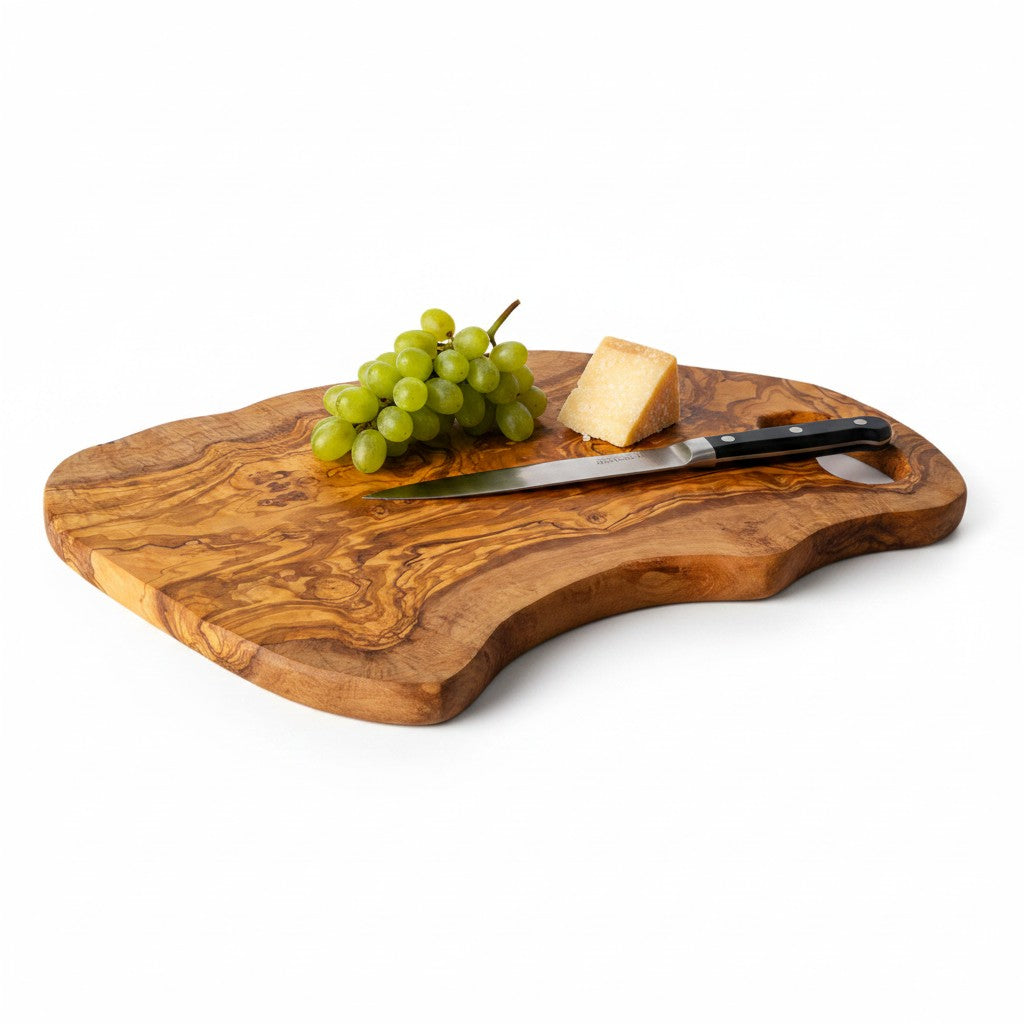 Handmade Olive Wood Freeform Cutting Board with Handle | Live Edge Charcuterie &amp; Serving Board | Unique Natural Grain | 40–80 cm