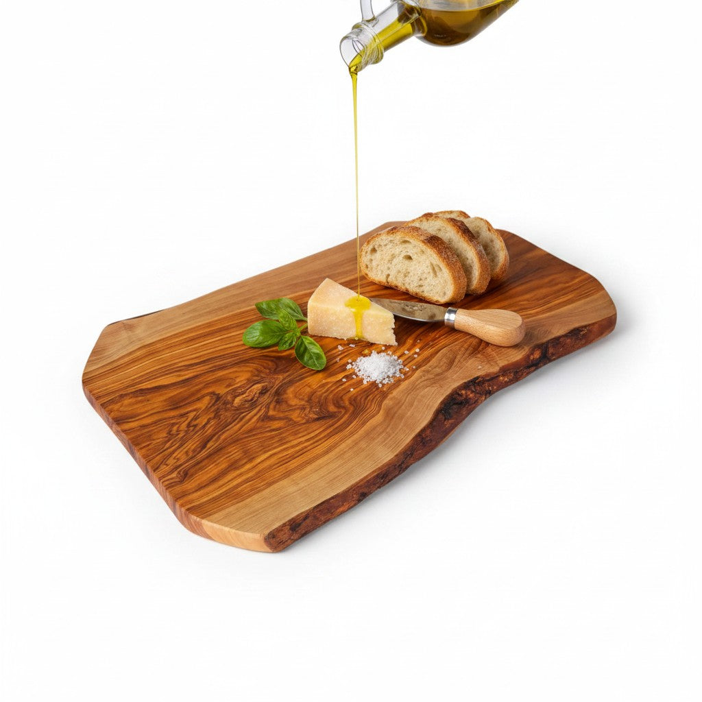 Handmade Olive Wood Live Edge Cutting Board — Rustic Charcuterie &amp; Serving Board | Natural Bark Edge