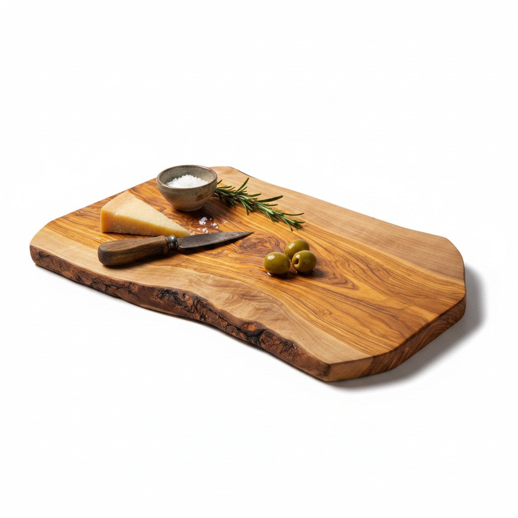 Handmade Olive Wood Live Edge Cutting Board — Rustic Charcuterie &amp; Serving Board | Natural Bark Edge | Choose Your Size