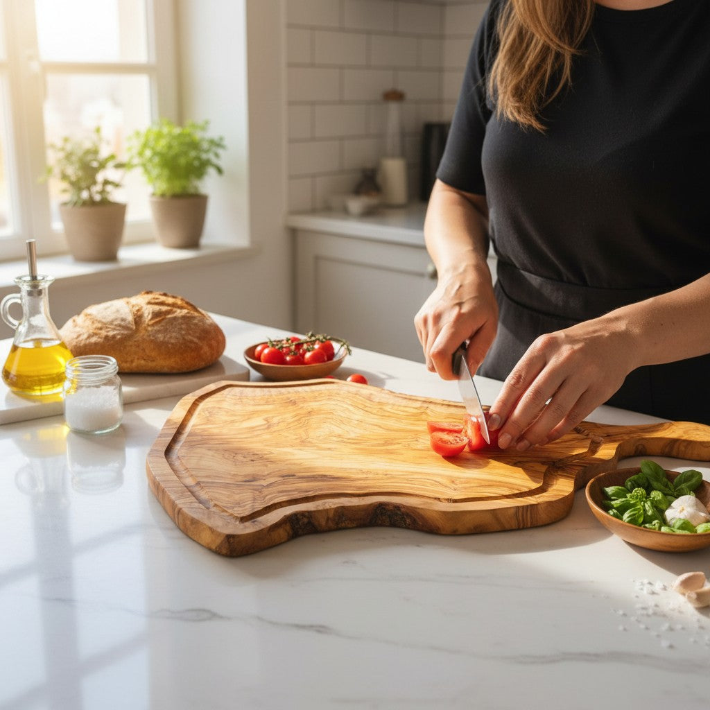 Handmade Olive Wood Freeform Meat Carving Board with Handle &amp; Juice Groove | Live Edge Steak &amp; Serving Board | Natural Grain | 45–60 cm