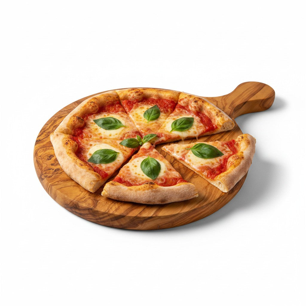 Handmade Olive Wood Round Pizza Board with Handle | Wooden Pizza Serving Paddle &amp; Cheese Board | Natural Grain | 18–35 cm