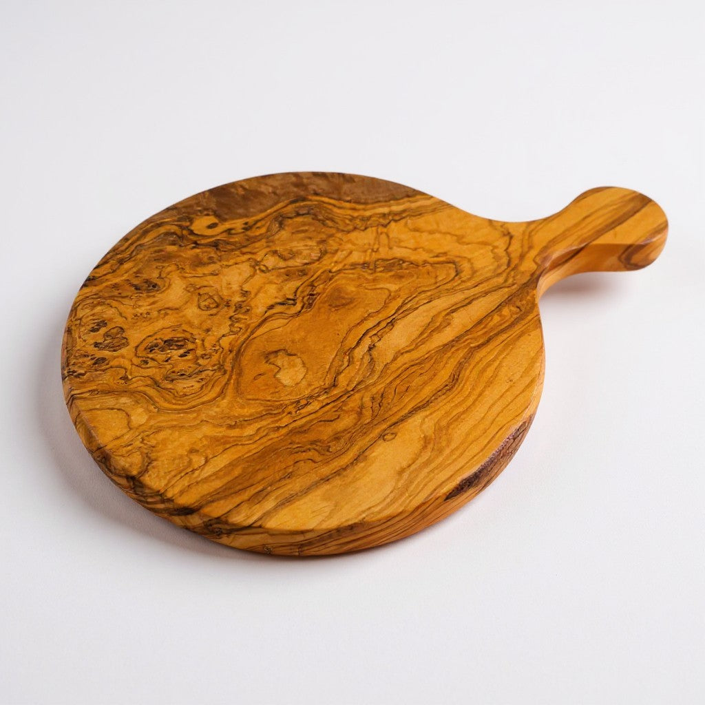 Handmade Olive Wood Round Pizza Board with Handle | Wooden Pizza Serving Paddle &amp; Cheese Board | Natural Grain | 18–35 cm