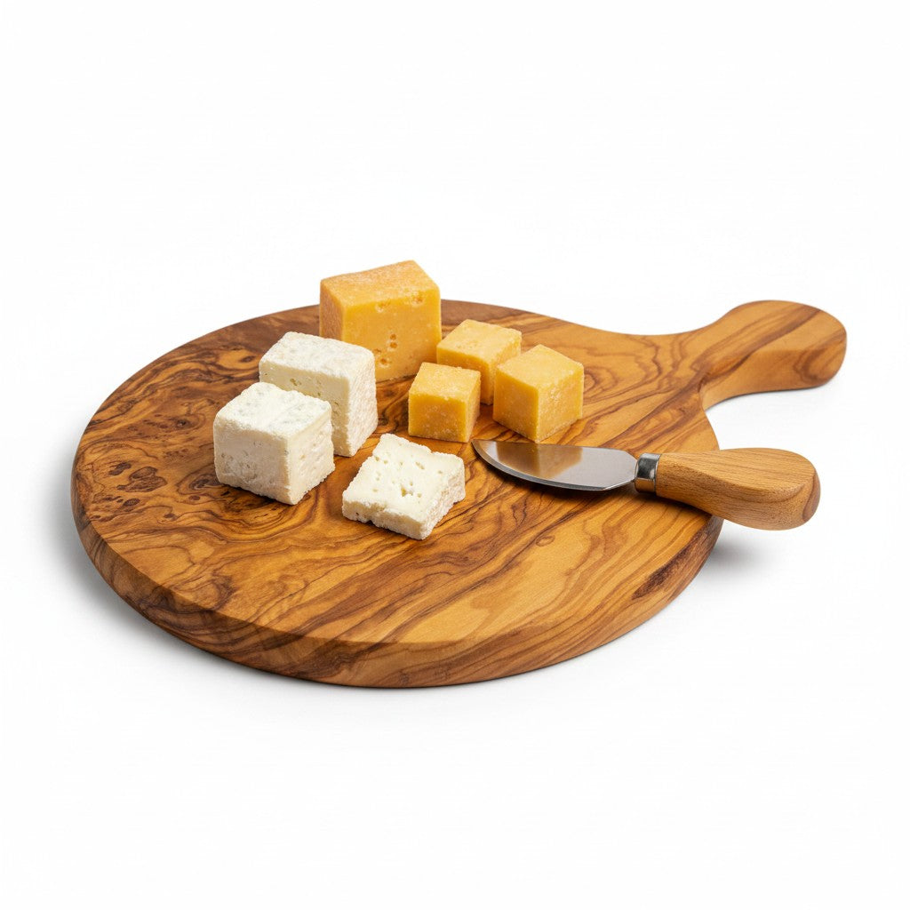 Handmade Olive Wood Round Pizza Board with Handle | Wooden Pizza Serving Paddle &amp; Cheese Board | Natural Grain | 18–35 cm