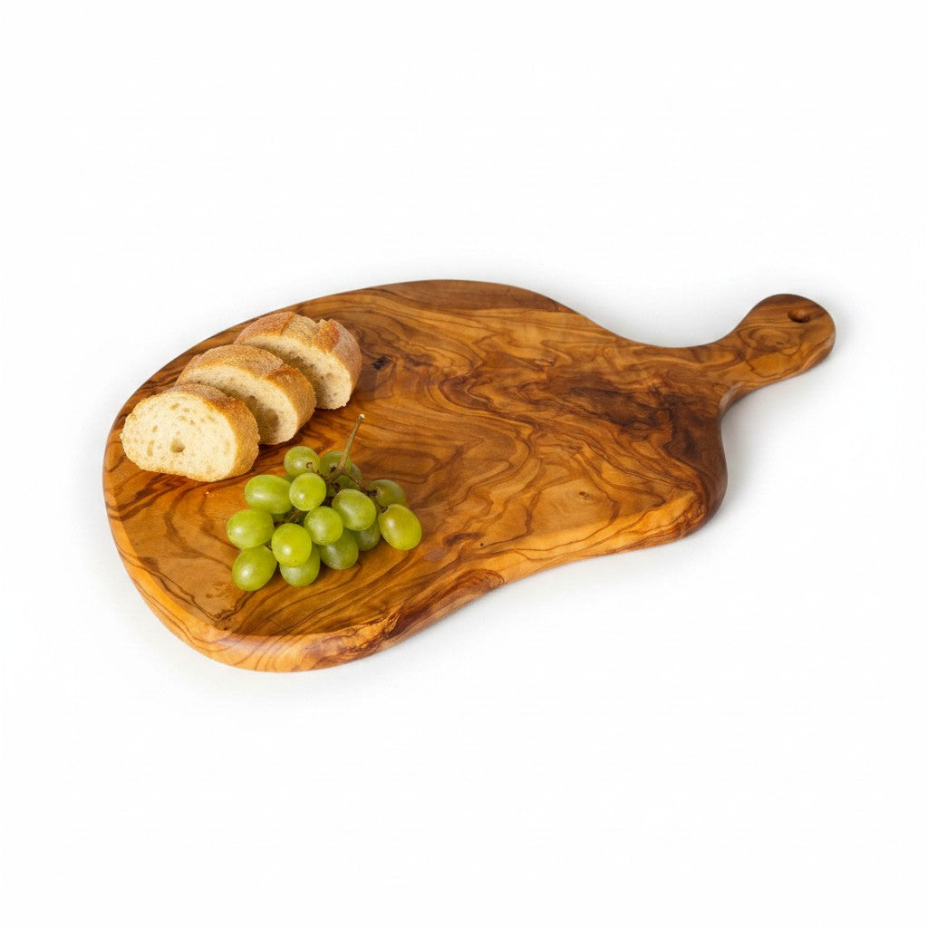 Handmade Olive Wood Round Freeform Charcuterie Board with Handle | Large Live Edge Cheese &amp; Antipasti Serving Board | Bold Natural Grain | 33–46 cm