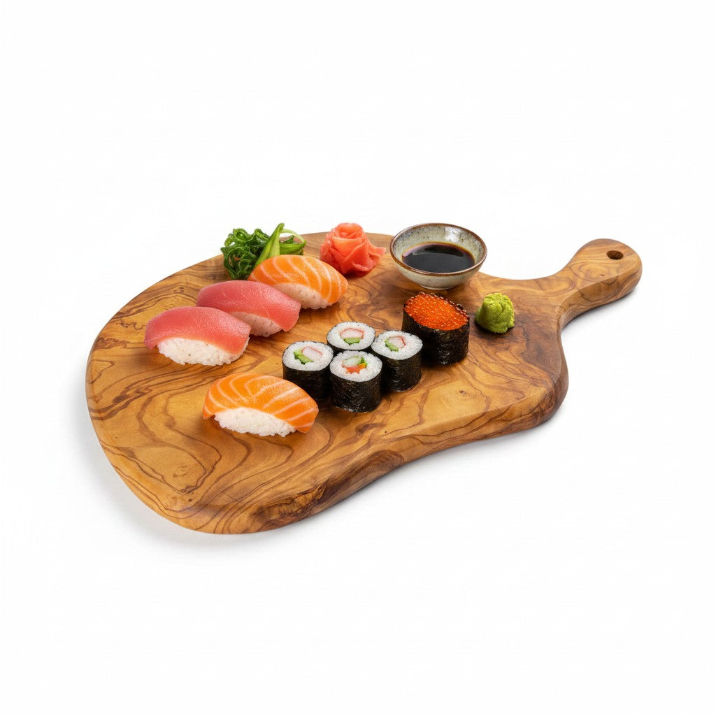 Handmade Olive Wood Round Freeform Charcuterie Board with Handle | Large Live Edge Cheese &amp; Antipasti Serving Board | Bold Natural Grain | 33–46 cm