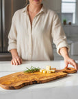 Handmade Olive Wood Freeform Serving Board with Round Loop Handle | Live Edge Cheese Charcuterie & Antipasti Board | Unique Grain | 35–50 cm