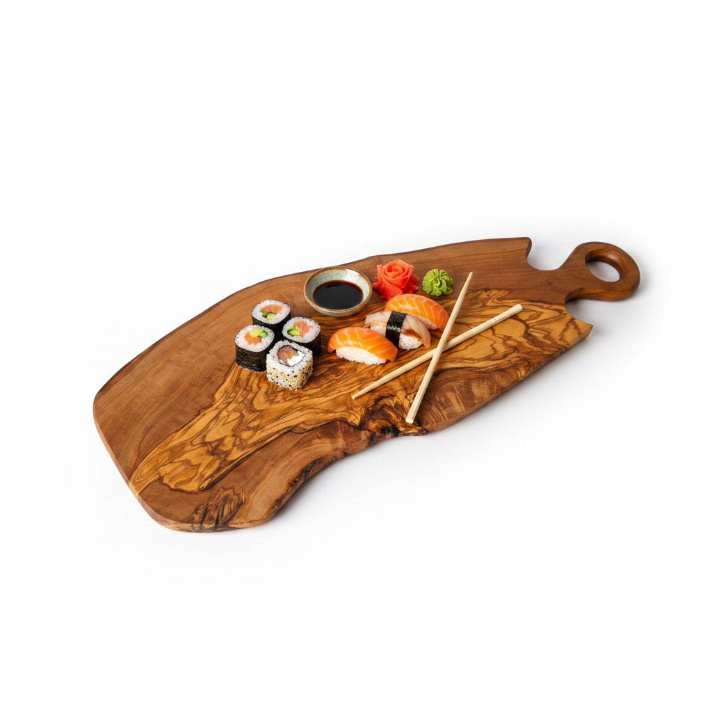 Handmade Olive Wood Freeform Serving Board with Round Loop Handle | Live Edge Cheese Charcuterie &amp; Antipasti Board | Unique Grain | 35–50 cm