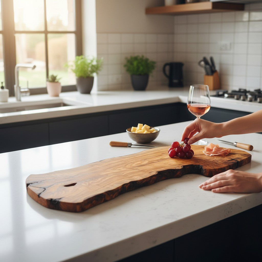 Handmade Olive Wood Large Live Edge Serving Board | Freeform Sushi Charcuterie &amp; Sharing Platter Board | Unique Natural Grain | 40–70 cm