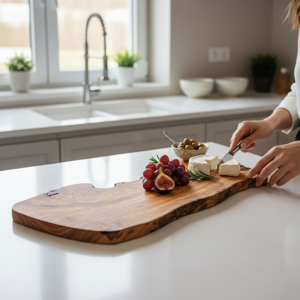 Handmade Olive Wood Large Live Edge Serving Board | Freeform Sushi Charcuterie &amp; Sharing Platter Board | Unique Natural Grain | 40–70 cm