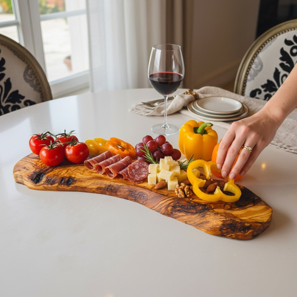 Handmade Olive Wood Large Live Edge Serving Board | Freeform Sushi Charcuterie &amp; Sharing Platter Board | Unique Natural Grain | 40–70 cm