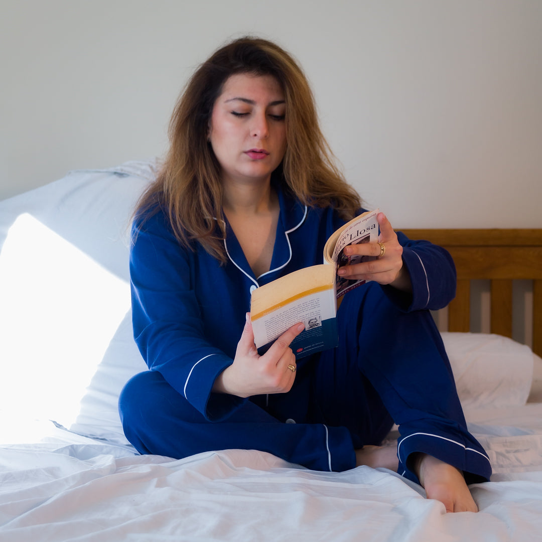Women's Long Sleeve Pima Cotton Pyjama Set – Solid Blue