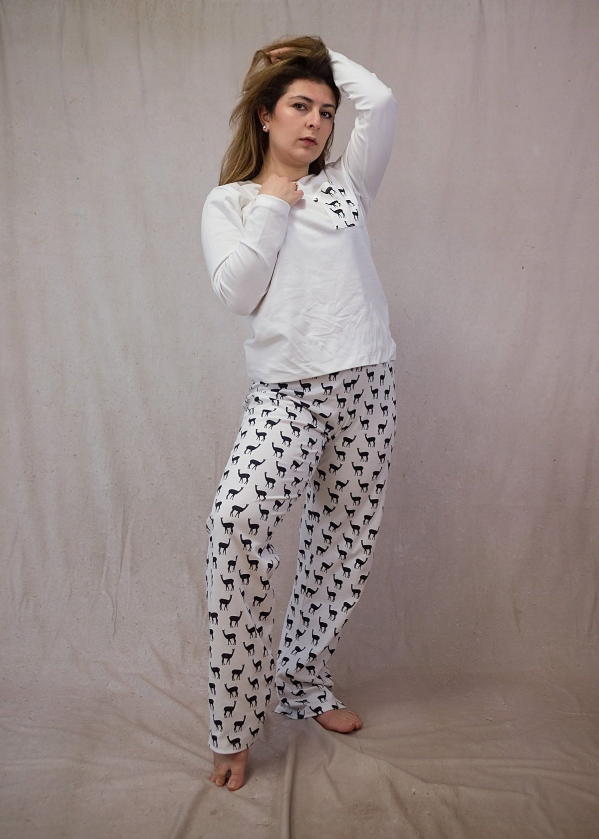 Women's Long Sleeve Pima Cotton Pyjama Set – Black &amp; White Vicuña Print