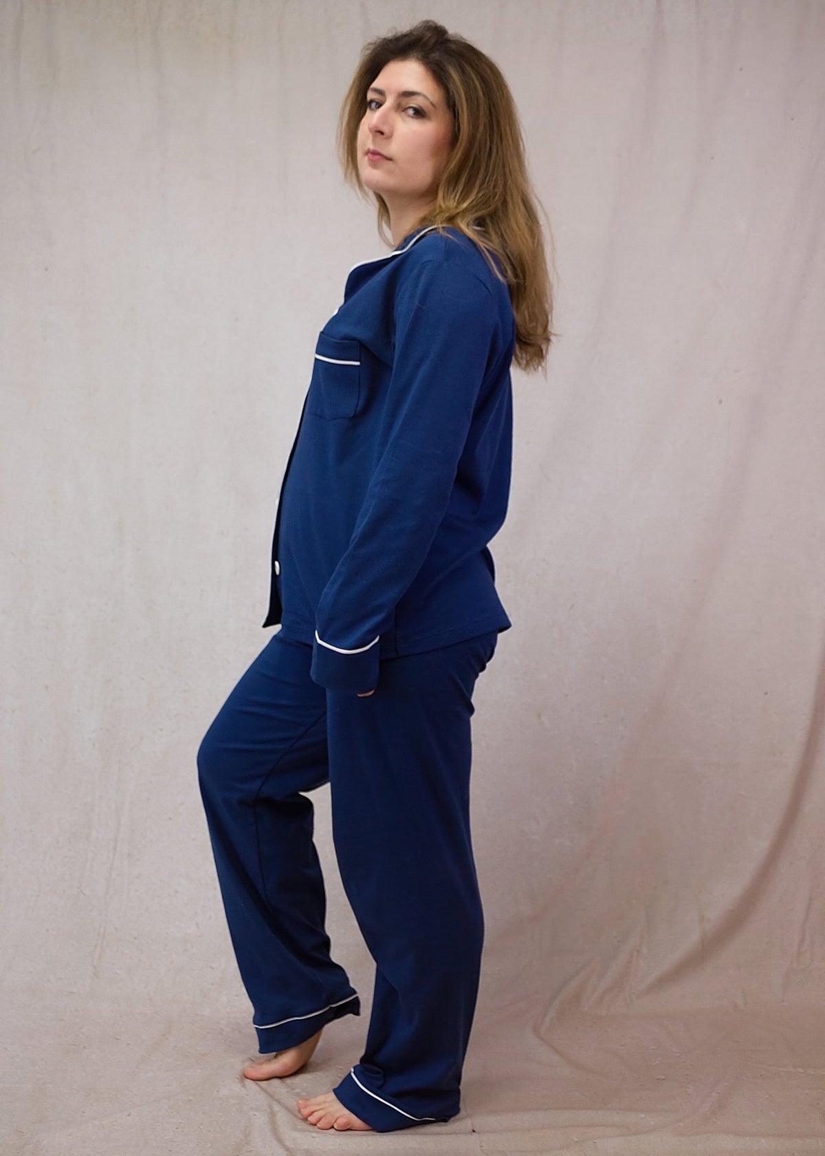 Women's Long Sleeve Pima Cotton Pyjama Set – Solid Blue