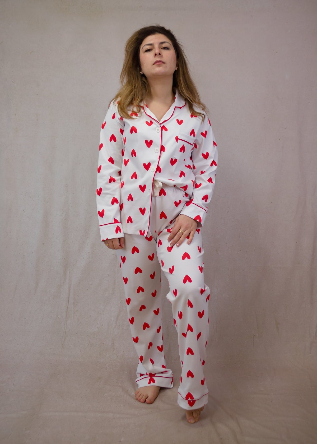Women's Long Sleeve Pima Cotton Pyjama Set – Hearts Print