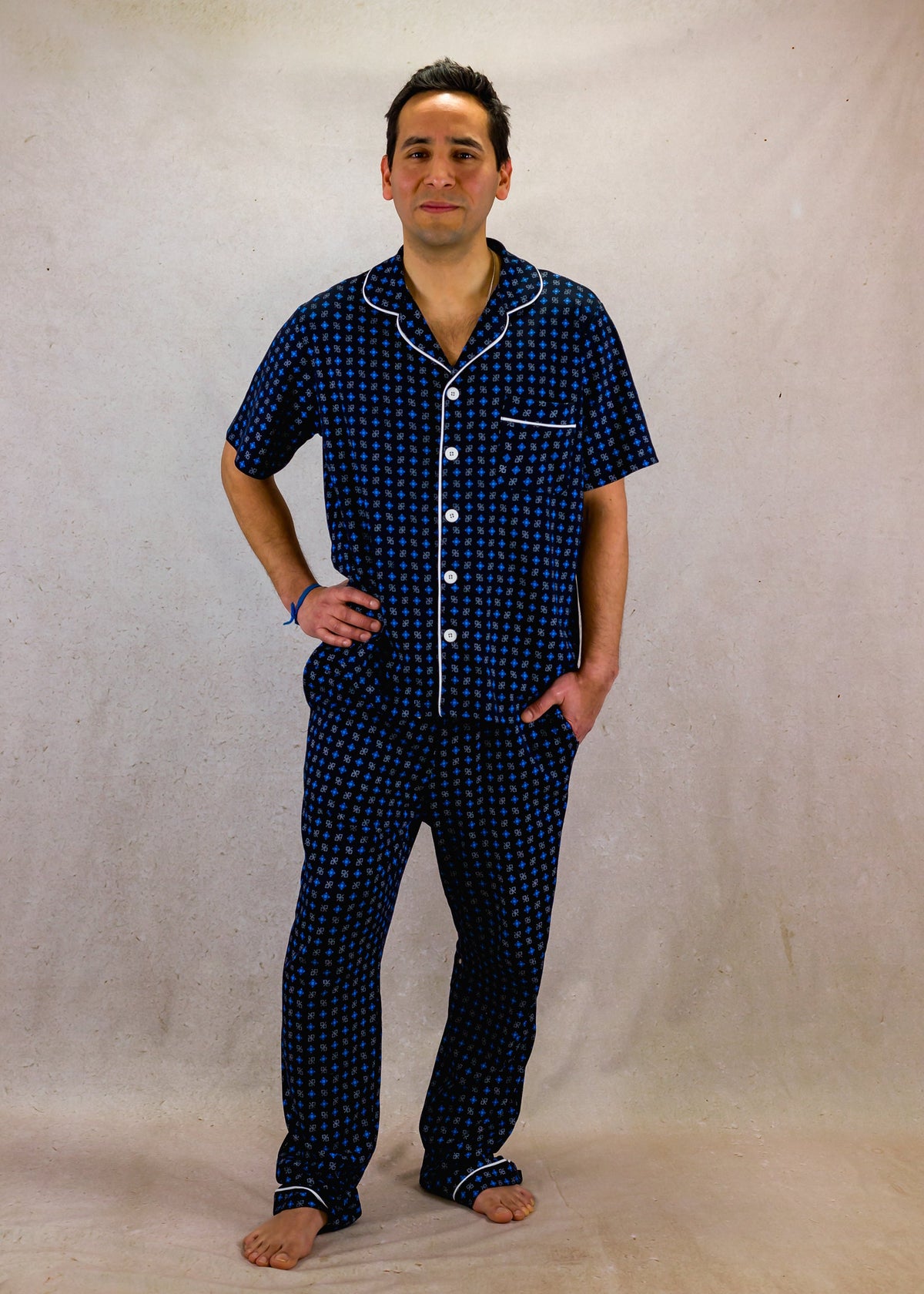 Men's Short Sleeve Pima Cotton Pyjama Set – Blue Squares