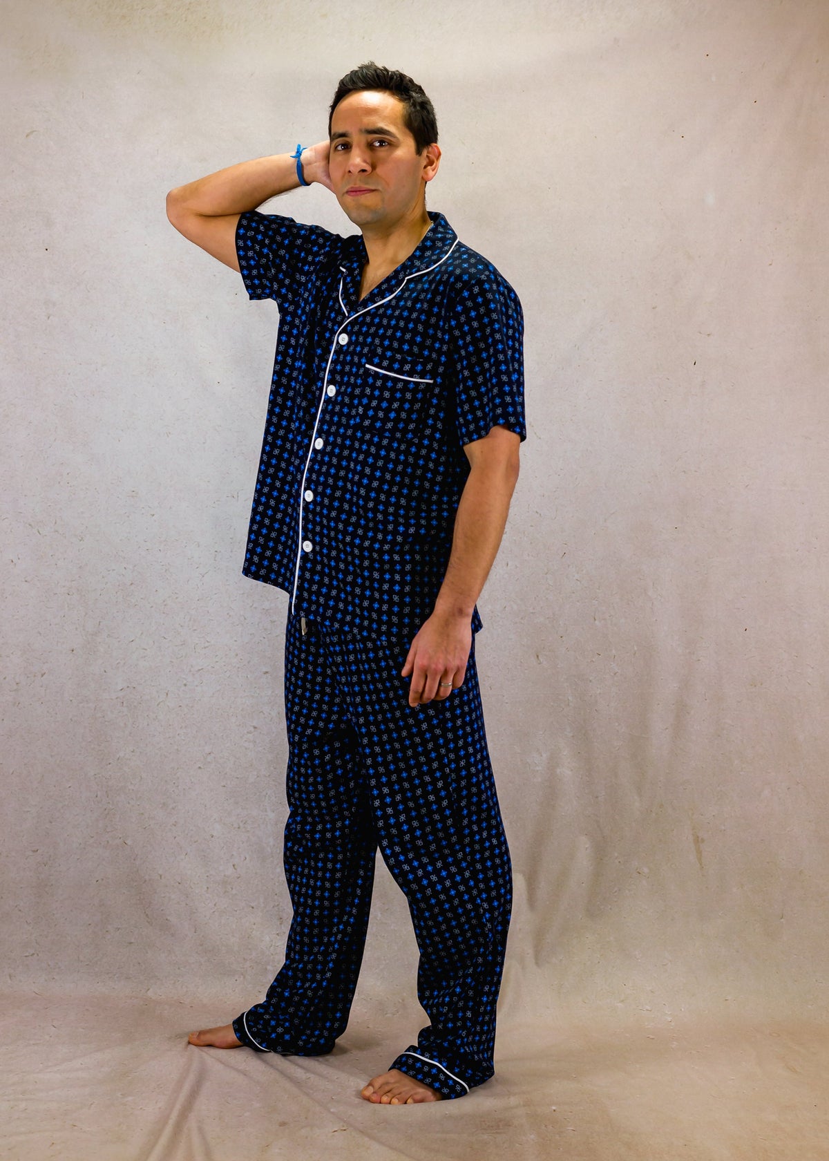 Men's Short Sleeve Pima Cotton Pyjama Set – Blue Squares