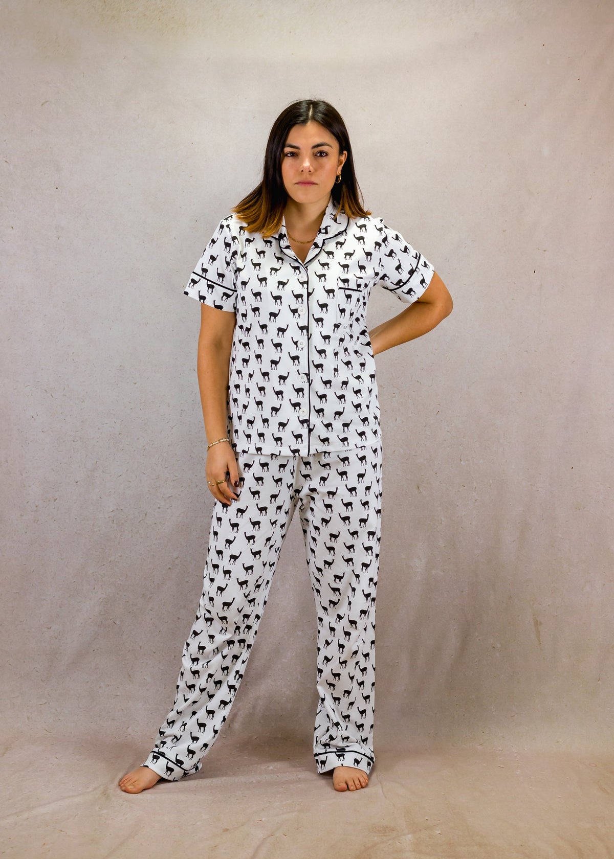 Women's Short Sleeve Pima Cotton Pyjama Set – Black &amp; White Vicuña Print