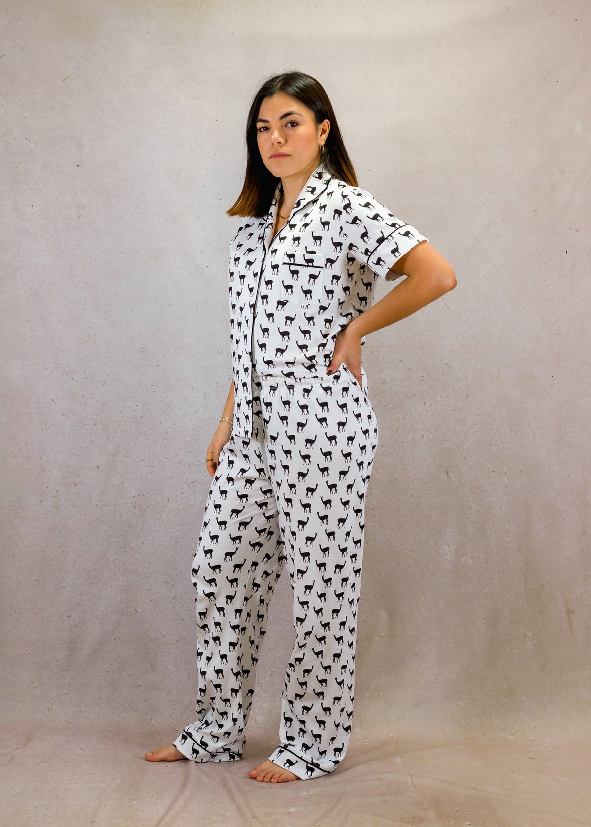 Women's Short Sleeve Pima Cotton Pyjama Set – Black &amp; White Vicuña Print
