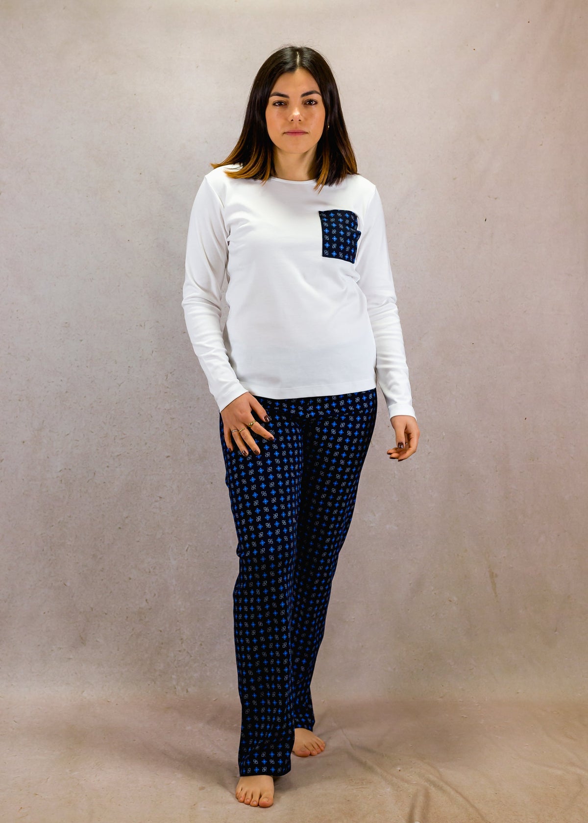 Women's Long Sleeve Pima Cotton Pyjama Set – Blue &amp; White