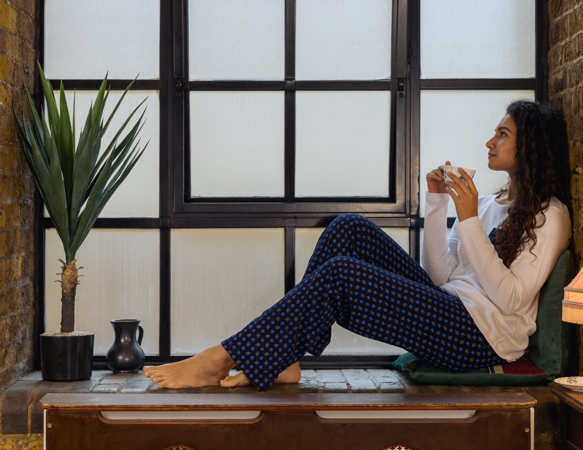 Women's Long Sleeve Pima Cotton Pyjama Set – Blue &amp; White