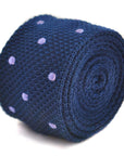 navy blue skinny knitted tie with lilac purple polka dots