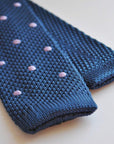 navy blue skinny knitted tie with lilac purple polka dots