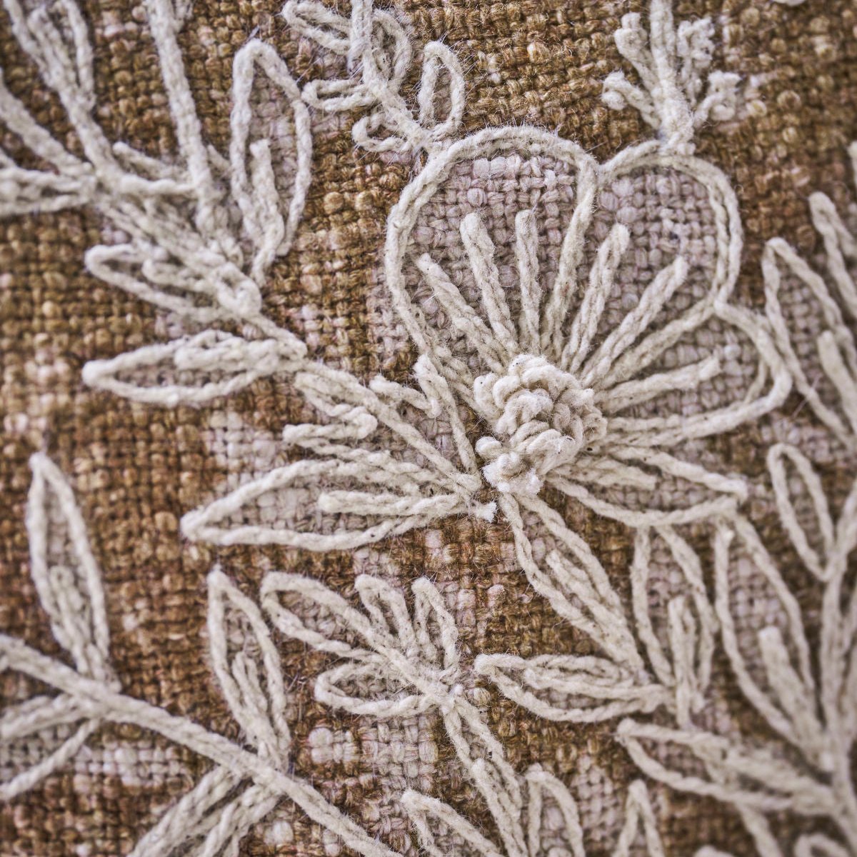 Luxury Ila cushion in olive brown cotton with hand-embroidered floral design, warm and inviting home decor accent by Ella James at brixbailey.com