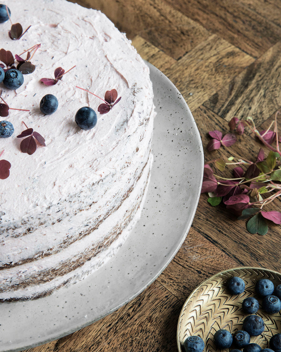 Luxury glazed stoneware cake stand, elegant blue-grey centerpiece, 32cm diameter, premium handcrafted unique design by Ella James at brixbailey.com