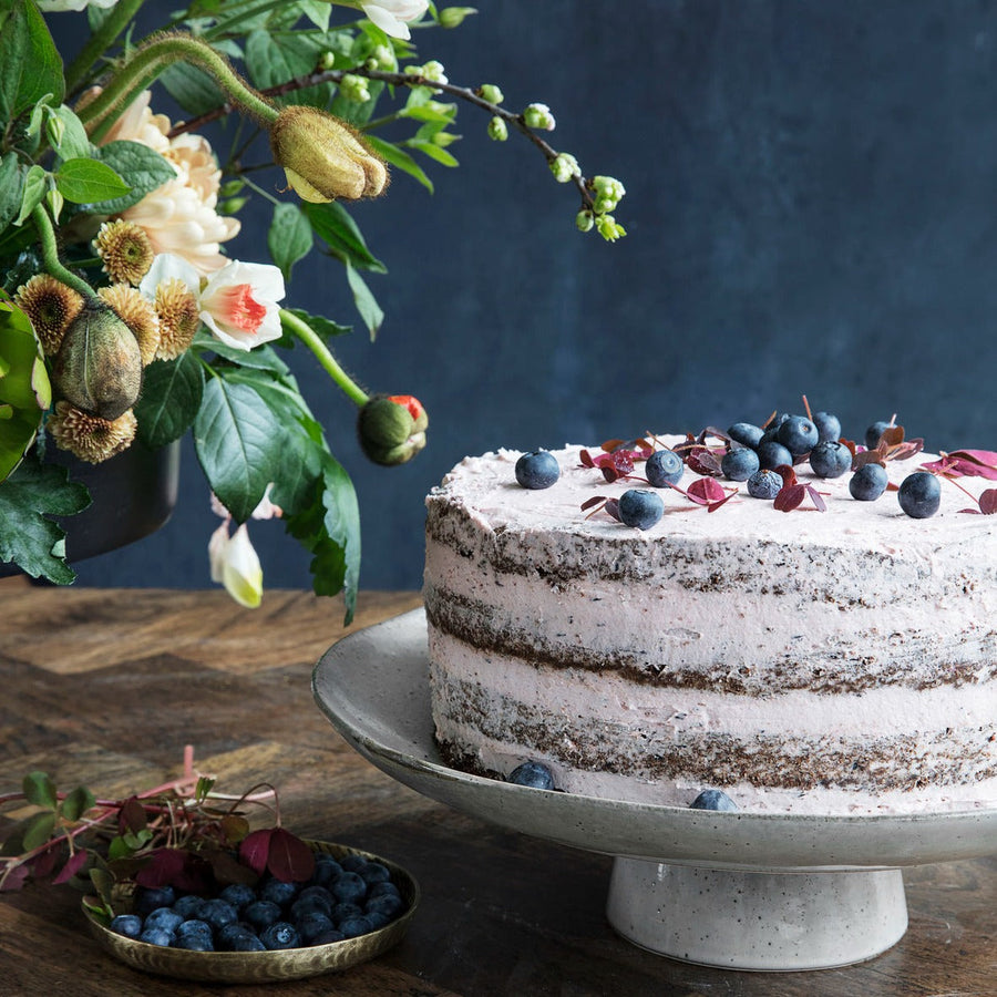 Luxury glazed stoneware cake stand, elegant blue-grey centerpiece, 32cm diameter, premium handcrafted stoneware, microwave and dishwasher safe by Ella James at brixbailey.com