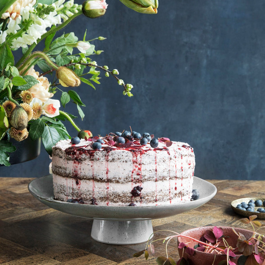Luxury glazed stoneware cake stand, elegant blue-grey centerpiece, unique handcrafted design, 32cm diameter, dishwasher safe by Ella James at brixbailey.com