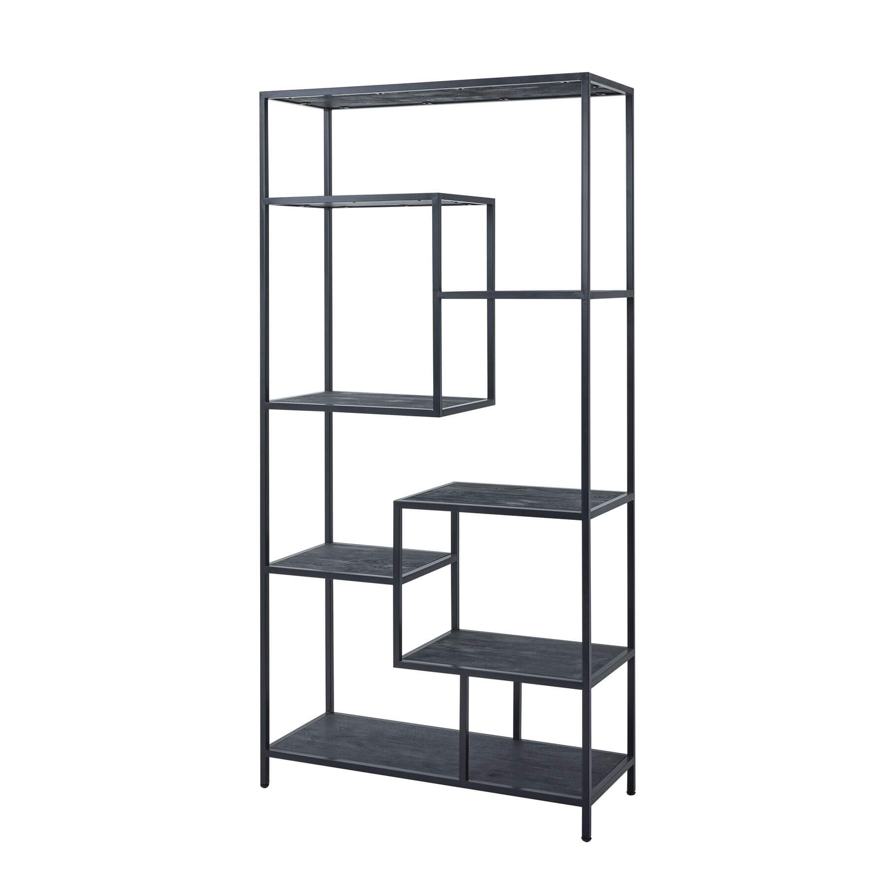 Black metal sculptural shelf unit with asymmetrical design, industrial modern style, and seven display shelves by Sostter at brixbailey.com