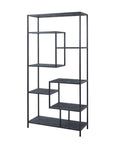 Black metal sculptural shelf unit with asymmetrical design, industrial modern style, and seven display shelves by Sostter at brixbailey.com