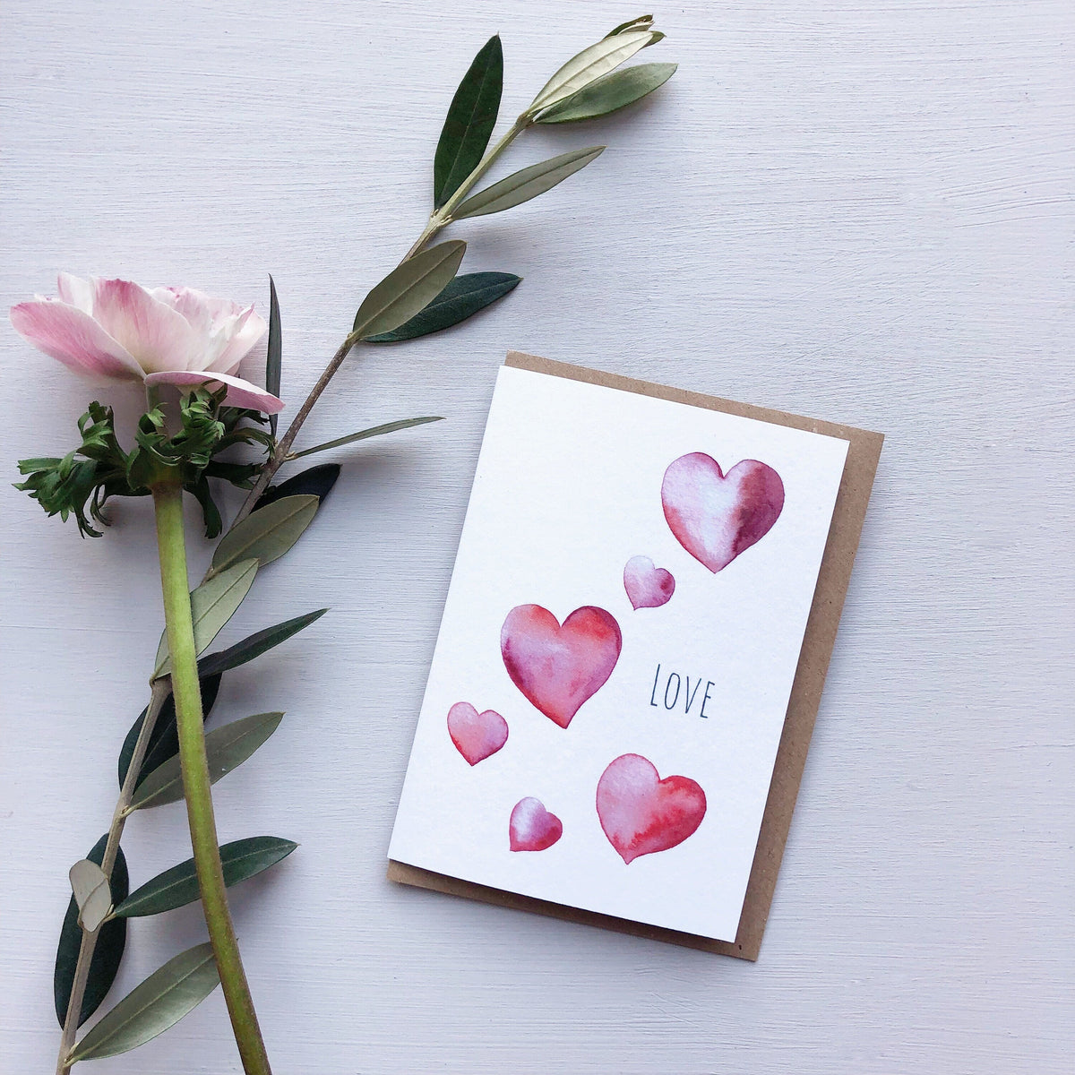 Love Hearts Watercolour Valentines Greetings Card