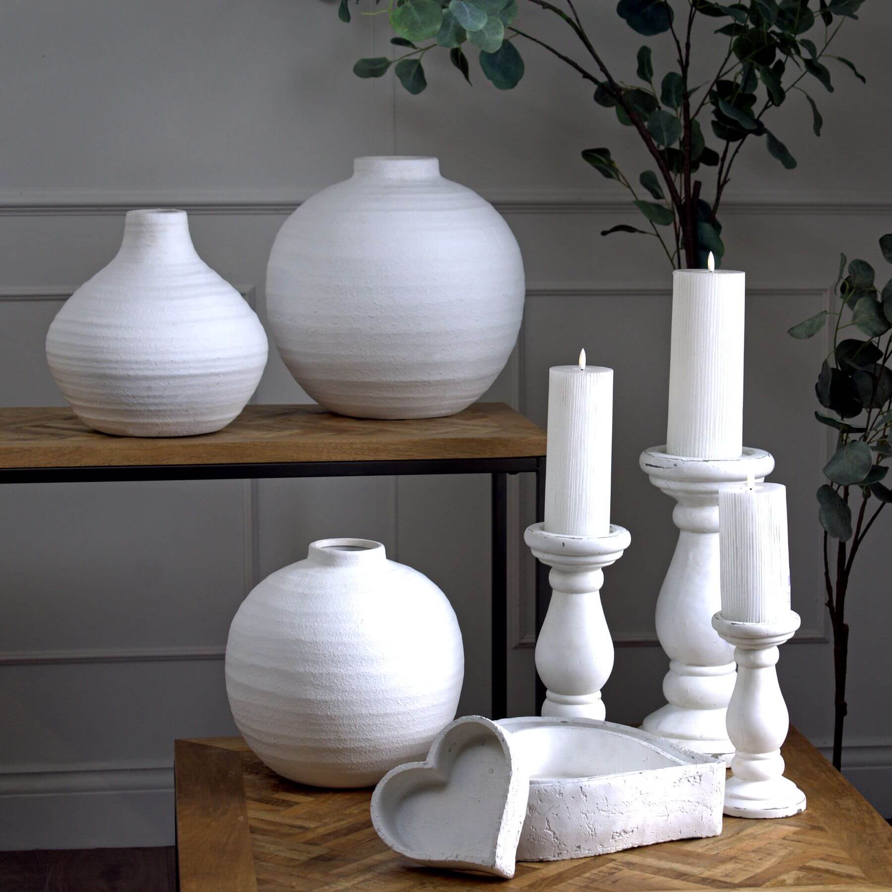 Large Whitewashed Ceramic Candle Holder