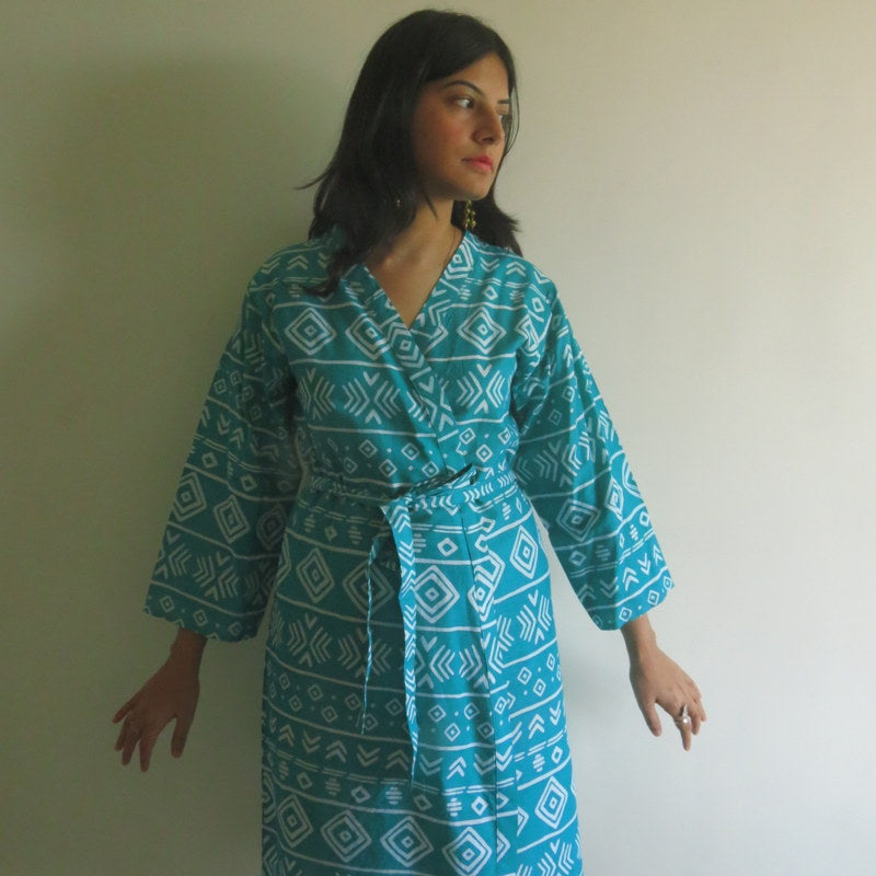 Teal Aztec Knee Length, Kimono Crossover Belted Robe-1