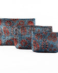 Hand-block Print Silk Travel Case Set of 3 - Blue Red Black Floral