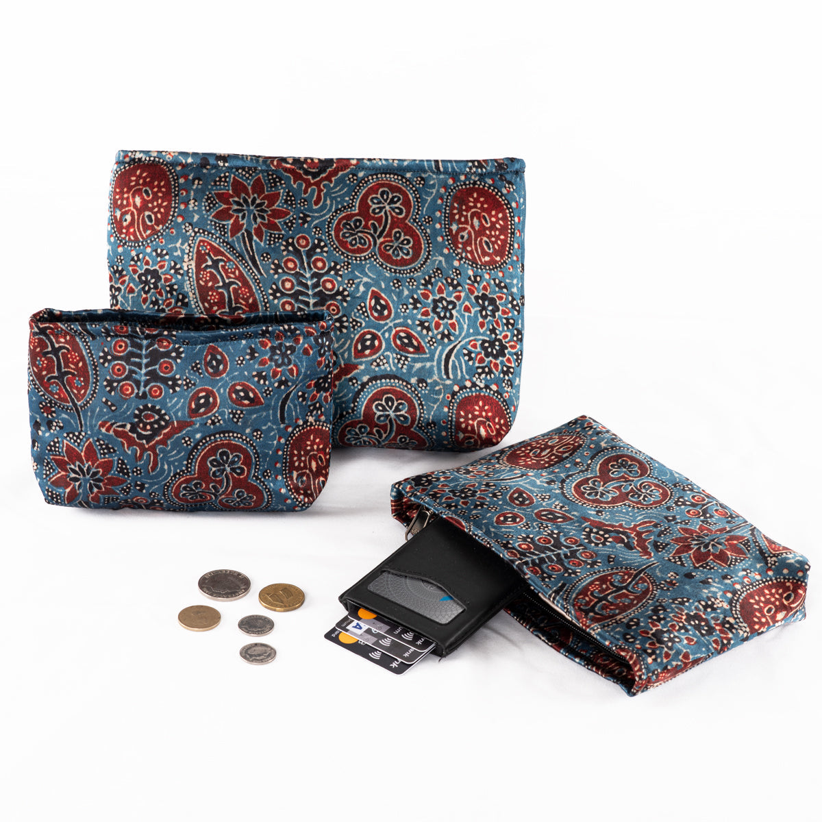 Hand-block Print Silk Travel Case Set of 3 - Blue Red Black Floral