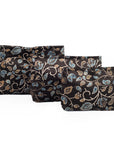 Ajrakh Hand-block Print Silk Travel Case - Set of 3 - Black Gold Blue Floral Vine