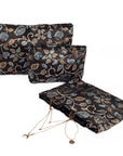 Ajrakh Hand-block Print Silk Travel Case - Set of 3 - Black Gold Blue Floral Vine
