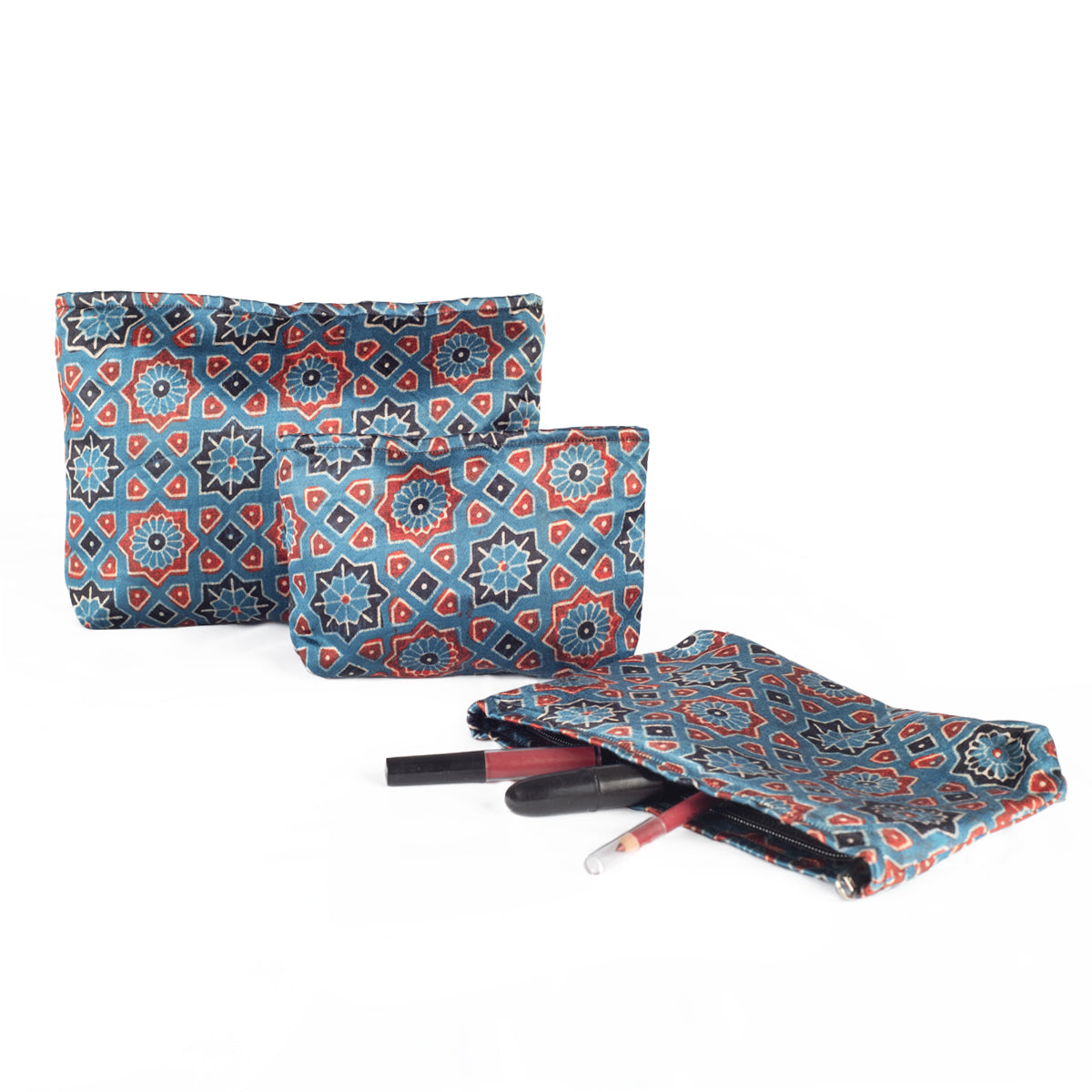 Ajrakh Hand-block Print Silk Travel Case - Set of 3 - Blue Red Black Geometric Flower