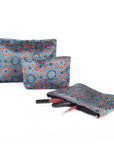 Ajrakh Hand-block Print Silk Travel Case - Set of 3 - Blue Red Black Geometric Flower