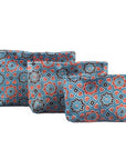Ajrakh Hand-block Print Silk Travel Case - Set of 3 - Blue Red Black Geometric Flower