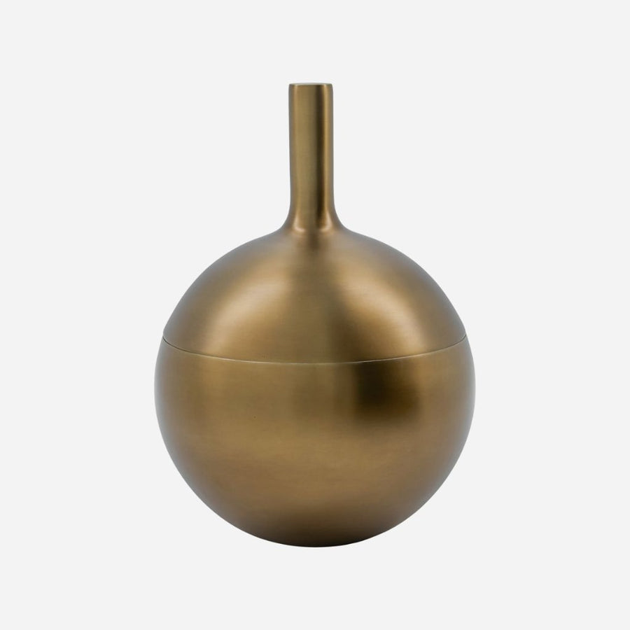 Luxury six-piece antique brass barware set, stylish stainless steel cocktail shaker, strainer, stirrer, measuring cup, ice bucket, tongs by Ella James at brixbailey.com