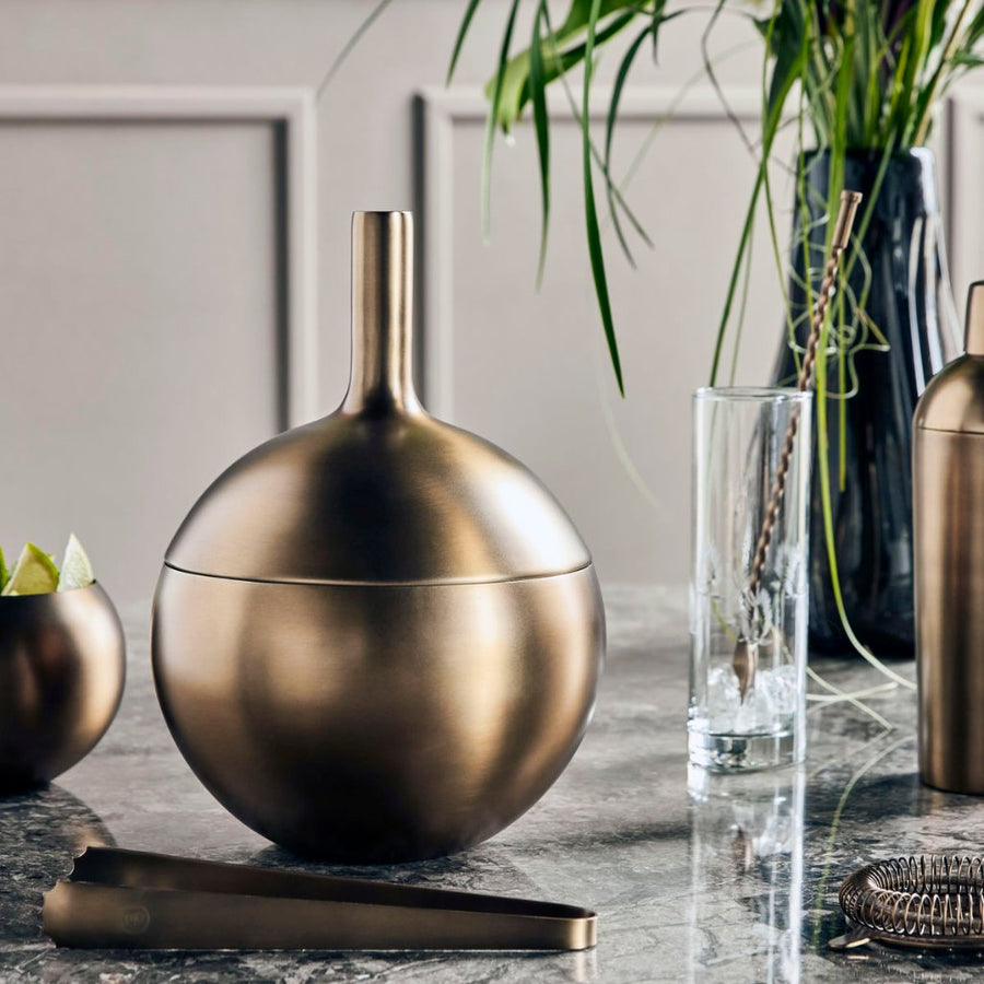 Premium antique brass cocktail set, luxury stainless steel bar tools with shaker, strainer, tongs, stylish vintage barware collection by Ella James at brixbailey.com