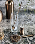 Luxury six-piece antique brass barware set, premium stainless steel cocktail shaker, strainer, stirrer, measuring cup, ice bucket, tongs by Ella James at brixbailey.com
